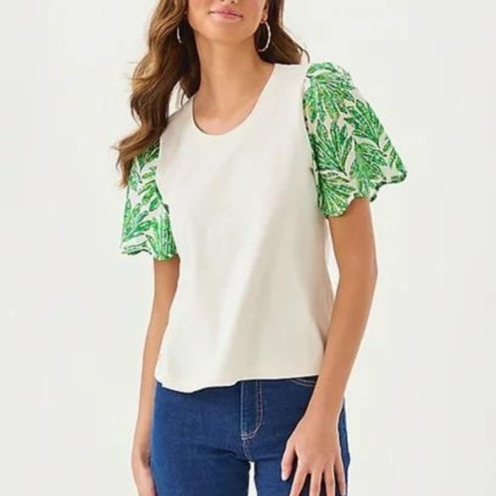 Lilly Pulitzer Brittan Knit Top Womens M Coconut Shady Babe Palm Puff Sleeve